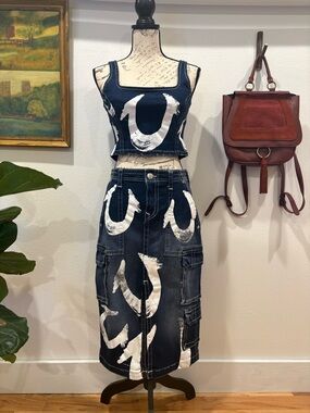 True Religion Denim Two-Piece Set – Graphic U Stitch Crop Top & Cargo Midi Skirt